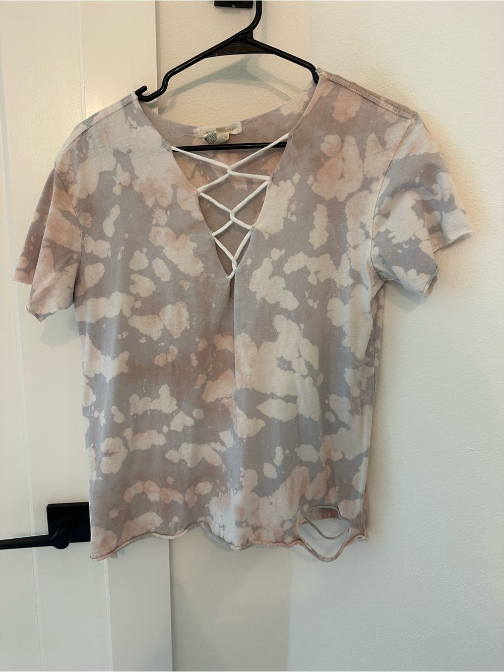 Blush and Gray Tie-Dye Lace-Up Short Sleeve Top